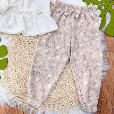  Conj. Batinha Manga Longa Anarruga Três Laços e Calça Floral - Areia